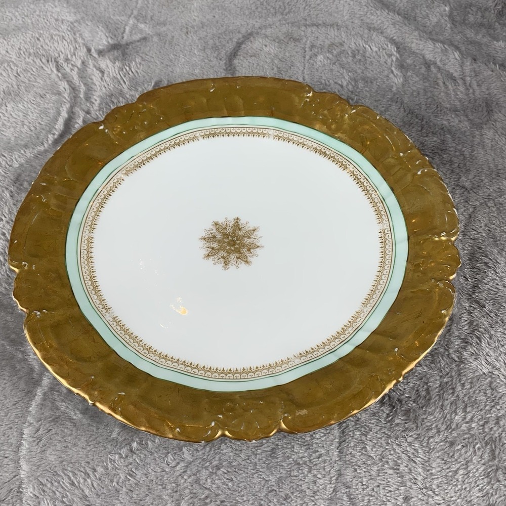 Antique B&H Limoges France Plate Gold Leaf Snowflake Sunburst Medallion Aqua